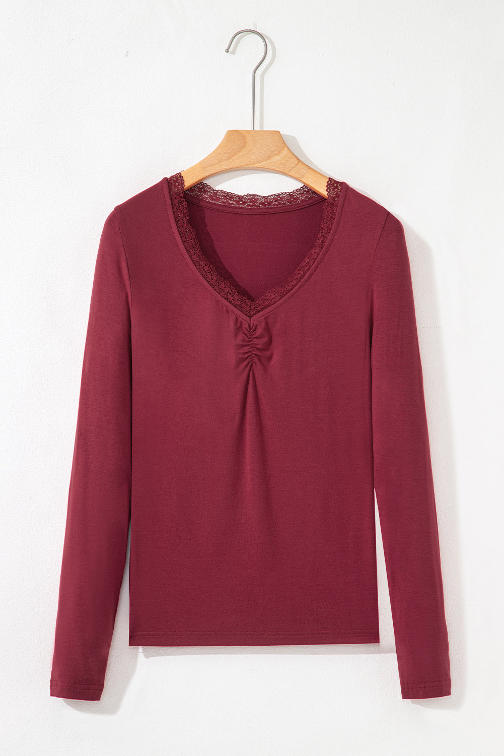 Smoke Gray Lace-Trimmed Sweetheart Neckline Ruched Detail Long Sleeve T-Shirt-Tops/Long Sleeve Tops-[Adult]-[Female]-2022 Online Blue Zone Planet