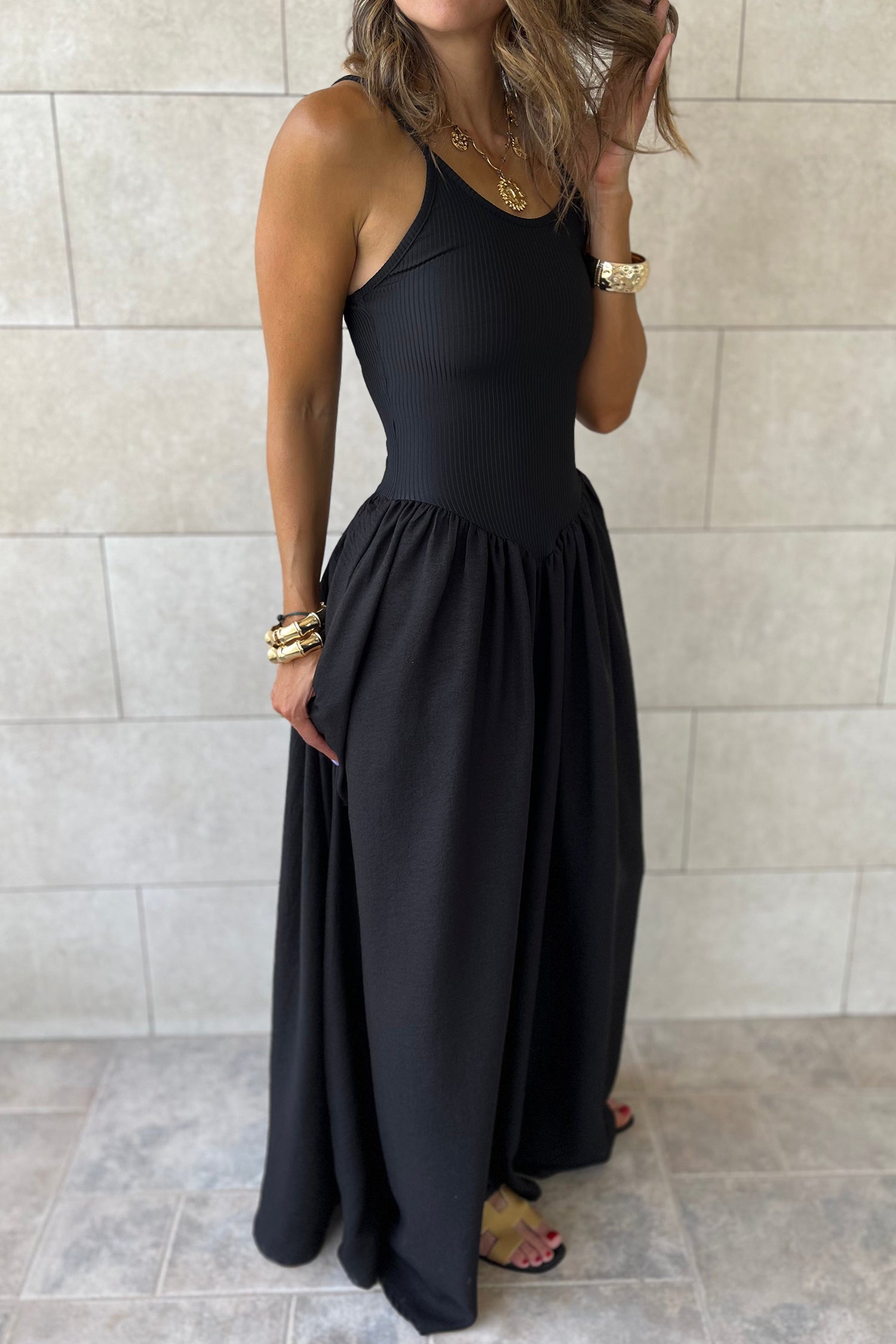 Black Spaghetti Straps Drop Waist Ribbed Patchwork Maxi Dress-Dresses/Maxi Dresses-[Adult]-[Female]-2022 Online Blue Zone Planet