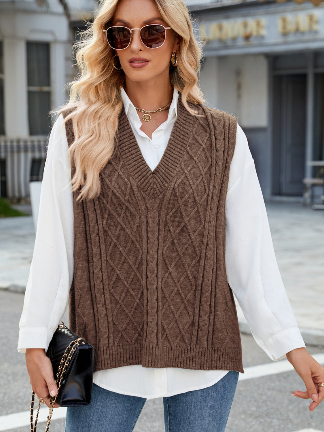 Cable Knit V-Neck Sweater Vest-TOPS / DRESSES-[Adult]-[Female]-Brown-S-2022 Online Blue Zone Planet