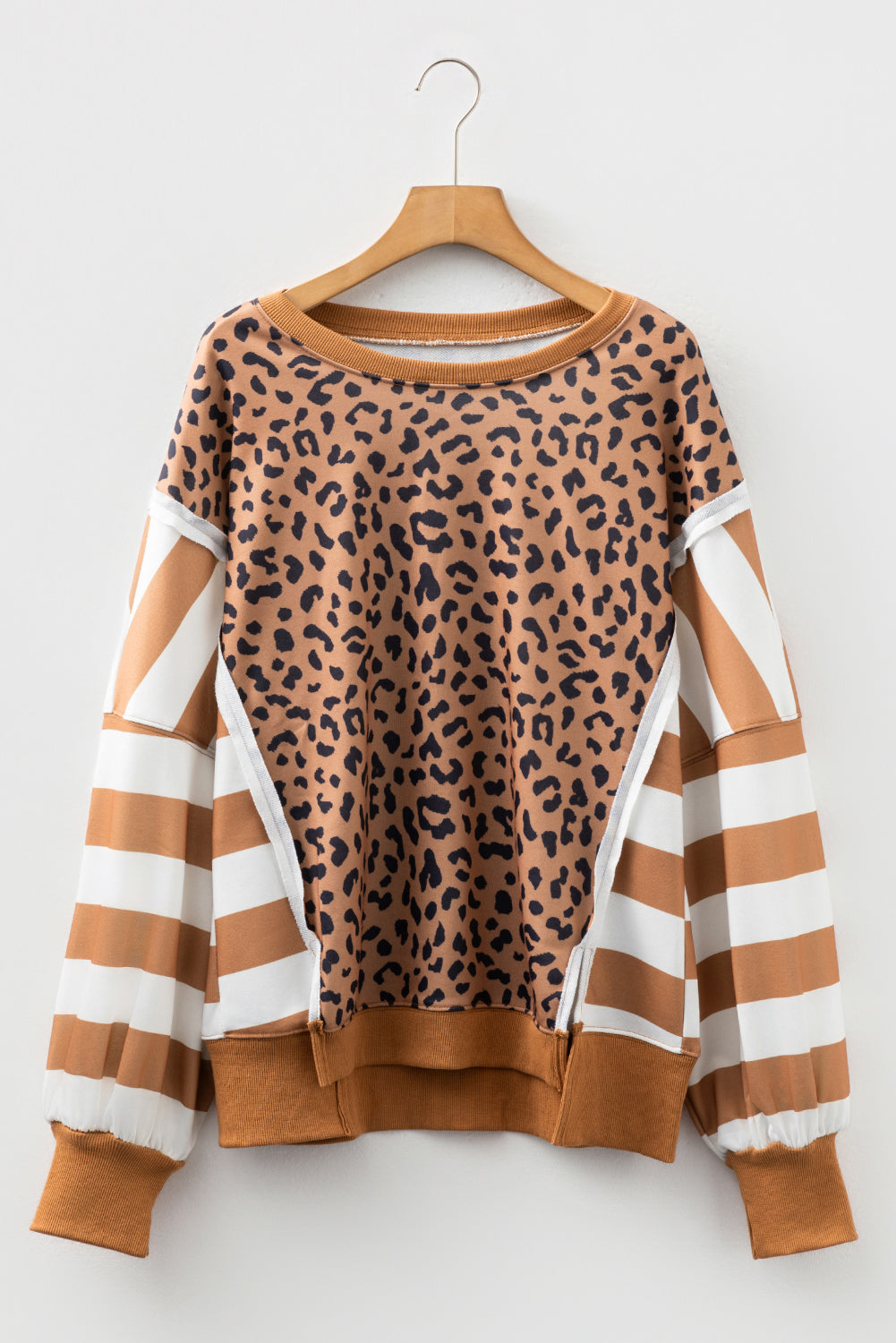 Purple Stripe Color Block Patchwork Leopard Casual Sweatshirt with Slits-Tops/Sweatshirts & Hoodies-[Adult]-[Female]-Khaki Stripe-S-2022 Online Blue Zone Planet