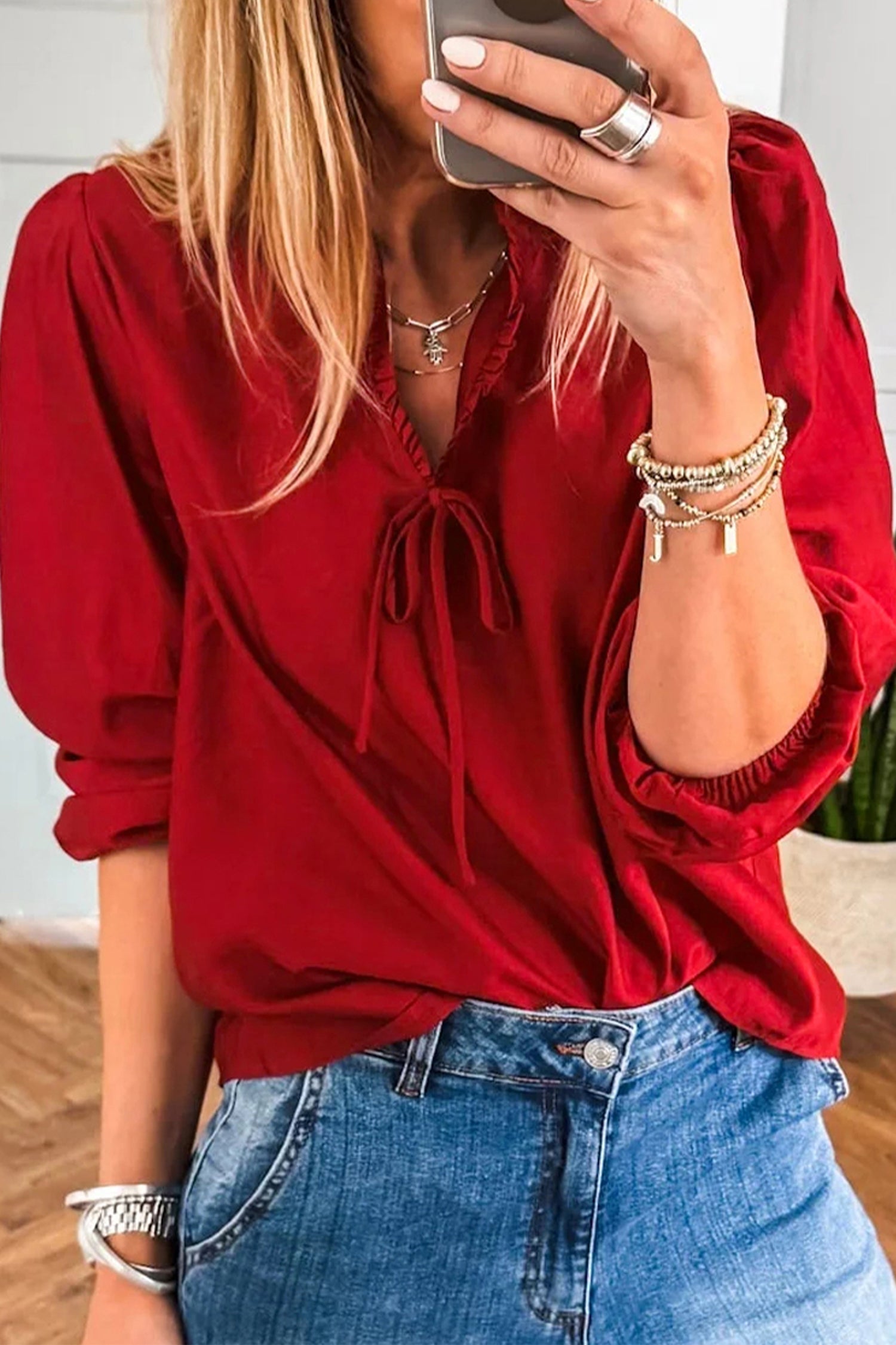 Fiery Red Solid Color Frilled V Neck Bow Detail 3/4 Sleeve Blouse-Tops/Blouses & Shirts-[Adult]-[Female]-Fiery Red-S-2022 Online Blue Zone Planet