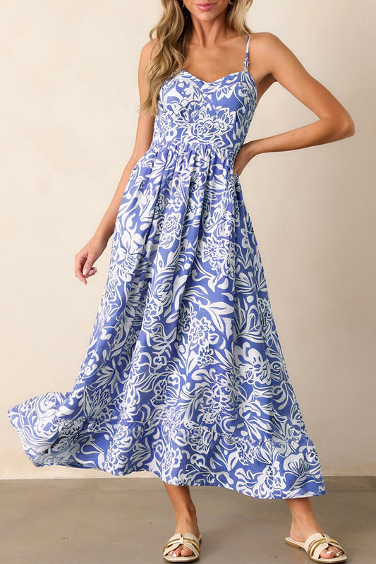 Sky Blue Floral Print Spaghetti Strap High Waist Maxi Dress-Dresses/Floral Dresses-[Adult]-[Female]-Sky Blue-S-2022 Online Blue Zone Planet