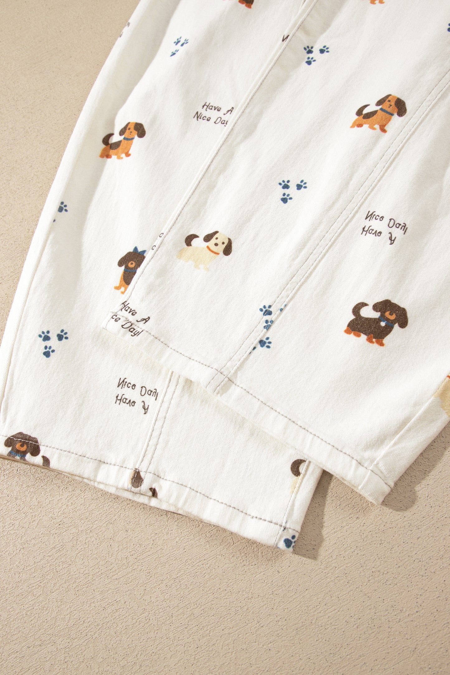 White Abstract Dog Print Wide Leg Full-Length Jeans-Bottoms/Jeans-[Adult]-[Female]-2022 Online Blue Zone Planet