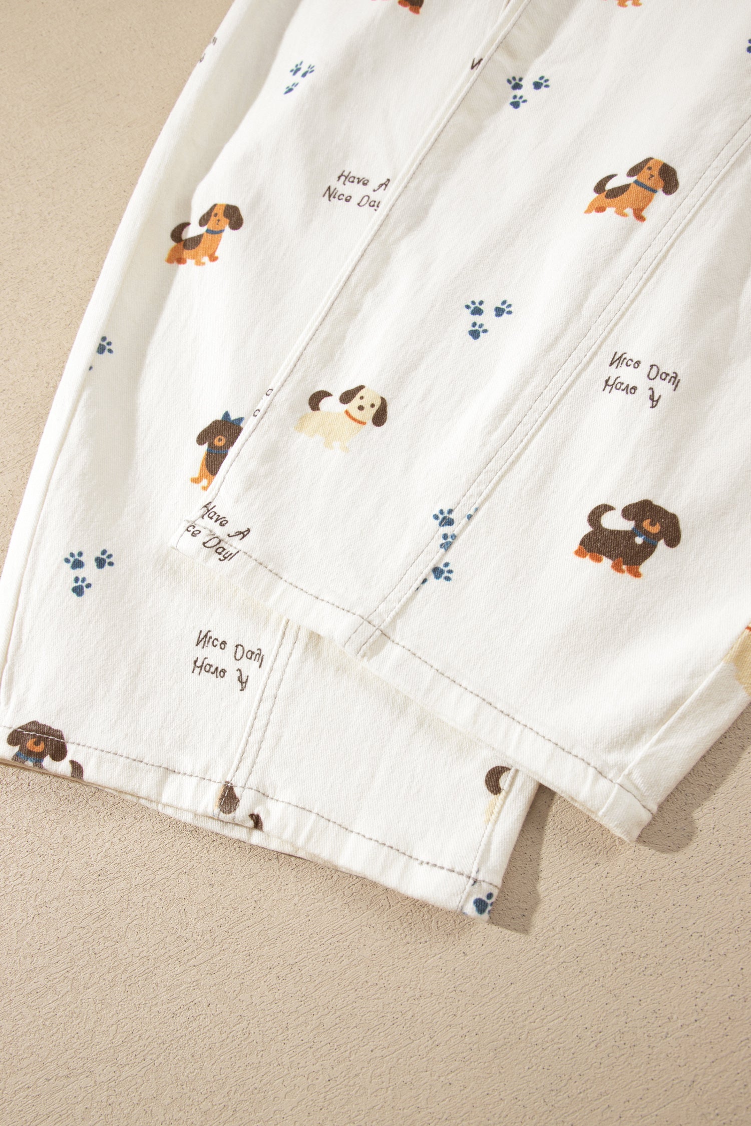 White Abstract Dog Print Wide Leg Full-Length Jeans-Bottoms/Jeans-[Adult]-[Female]-2022 Online Blue Zone Planet