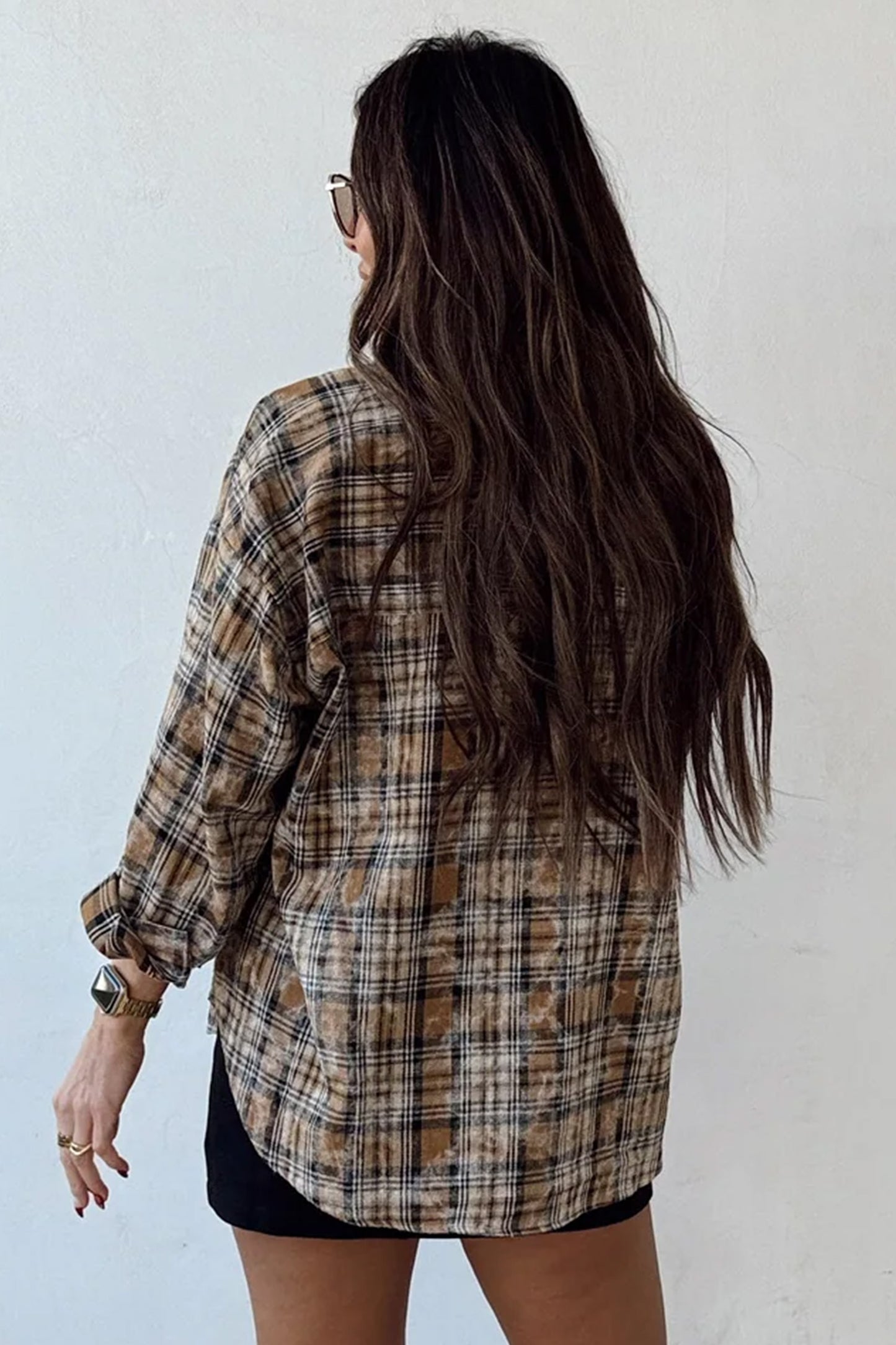 Brown Retro Plaid Long Sleeve Button Down Shirt