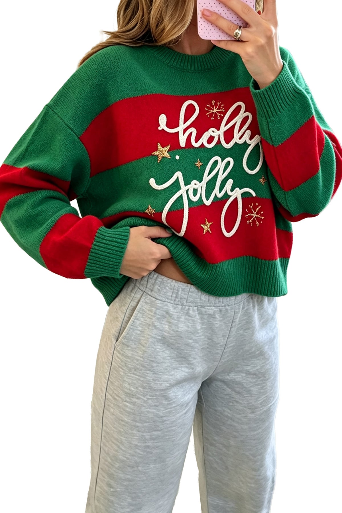Green Stripe Festive Holly Jolly Sequin Christmas Holiday Sweater-TOPS / DRESSES-[Adult]-[Female]-2022 Online Blue Zone Planet