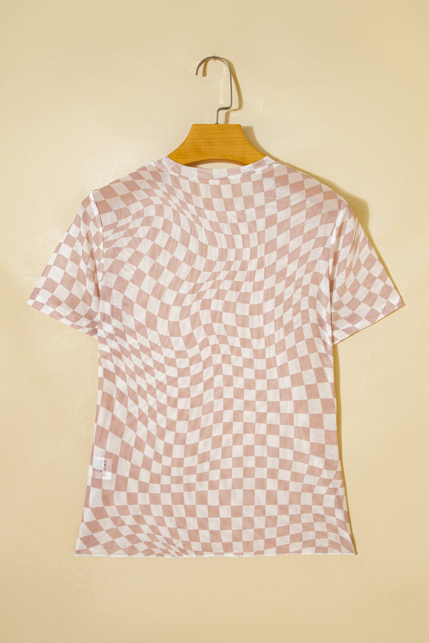 Khaki Checkered Print Mock Neck Mesh T Shirt-Tops/Tops & Tees-[Adult]-[Female]-2022 Online Blue Zone Planet