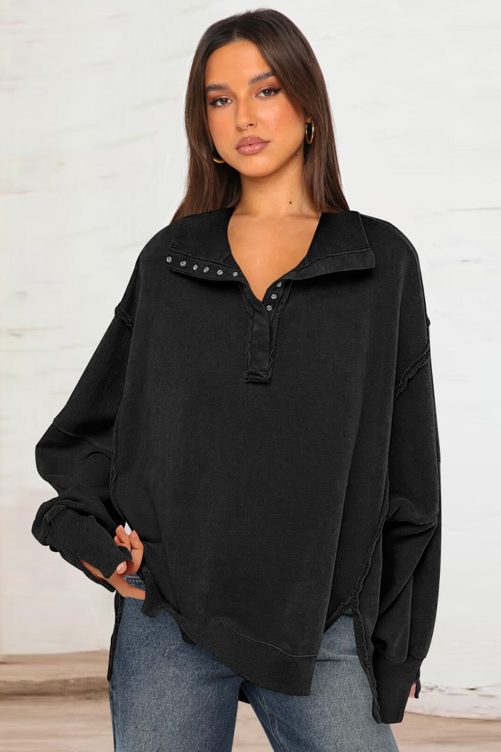 Exposed Seam Side Slit Long Sleeve Sweatshirt-TOPS / DRESSES-[Adult]-[Female]-Black-S-2022 Online Blue Zone Planet