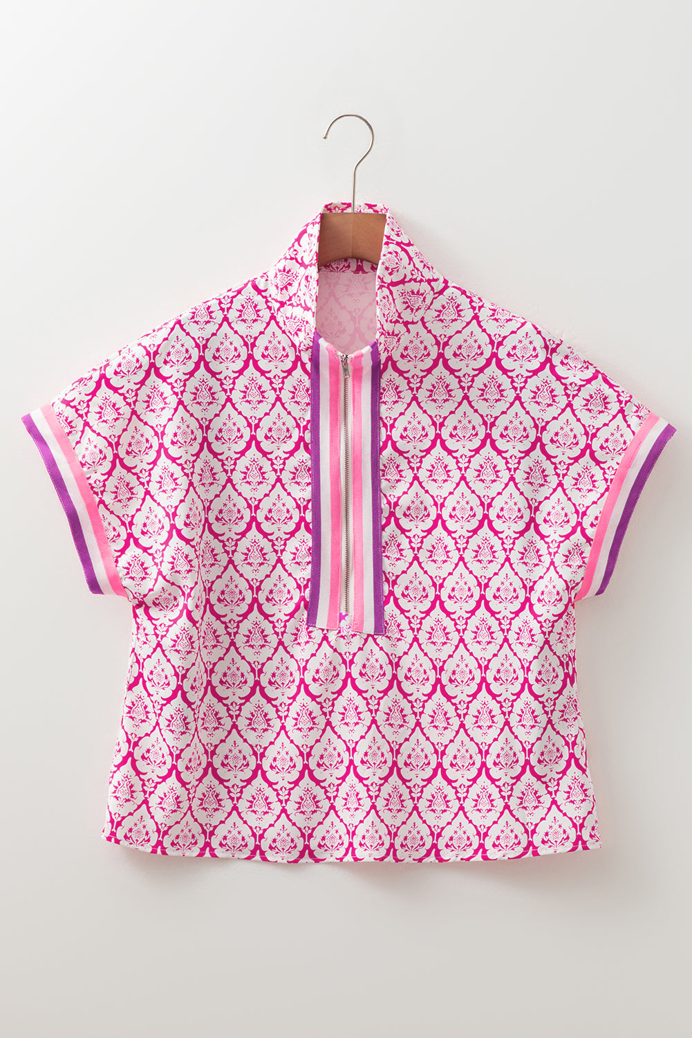 Pink Western Print Zipped Collar Short Sleeve Summer Blouse Top-Tops/Blouses & Shirts-[Adult]-[Female]-2022 Online Blue Zone Planet