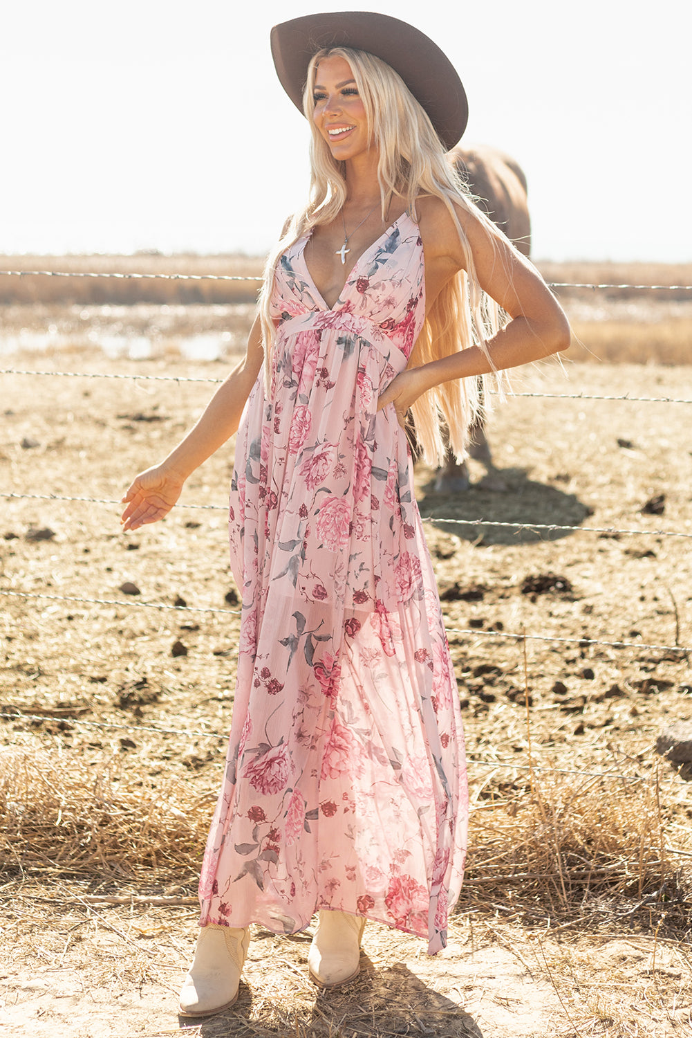 Pink Floral Pleated Bust Deep V Empire Waist Backless Maxi Dress-TOPS / DRESSES-[Adult]-[Female]-2022 Online Blue Zone Planet