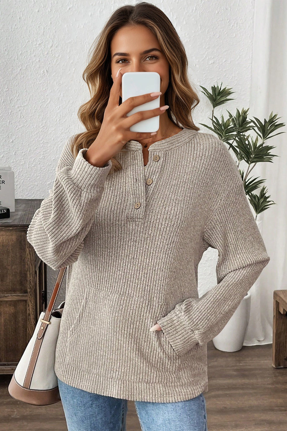 Simply Taupe Ribbed Texture Drop Shoulder Henley Knit Top-Tops/Long Sleeve Tops-[Adult]-[Female]-2022 Online Blue Zone Planet