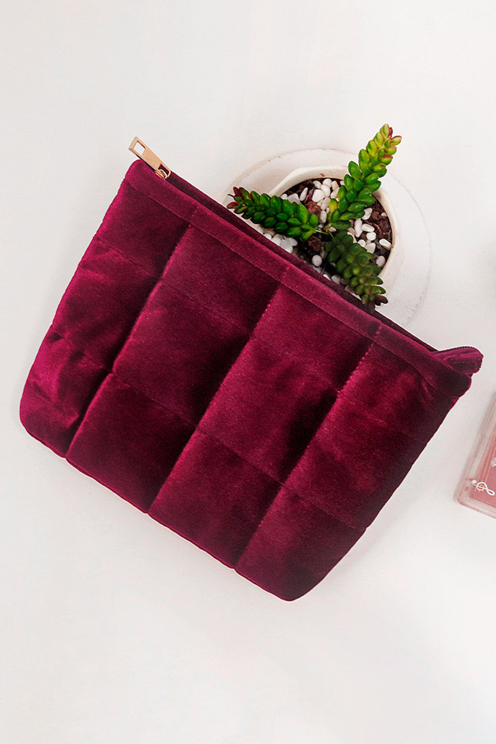 Burgundy Quilted Velour Zipper Makeup Bag-Bags-[Adult]-[Female]-Burgundy-ONE SIZE-2022 Online Blue Zone Planet