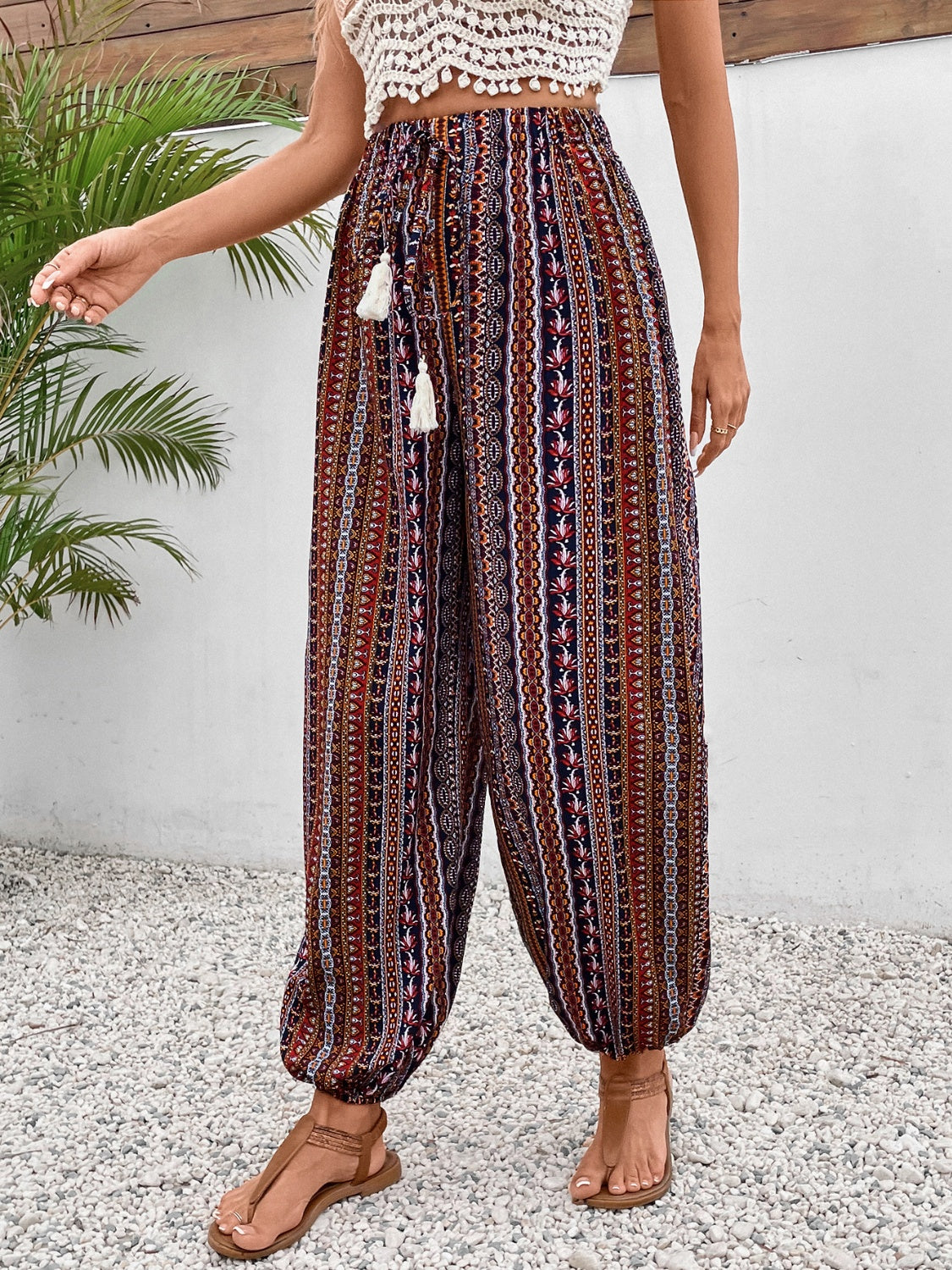 Tassel Printed High Waist Pants-BOTTOMS SIZES SMALL MEDIUM LARGE-[Adult]-[Female]-2022 Online Blue Zone Planet