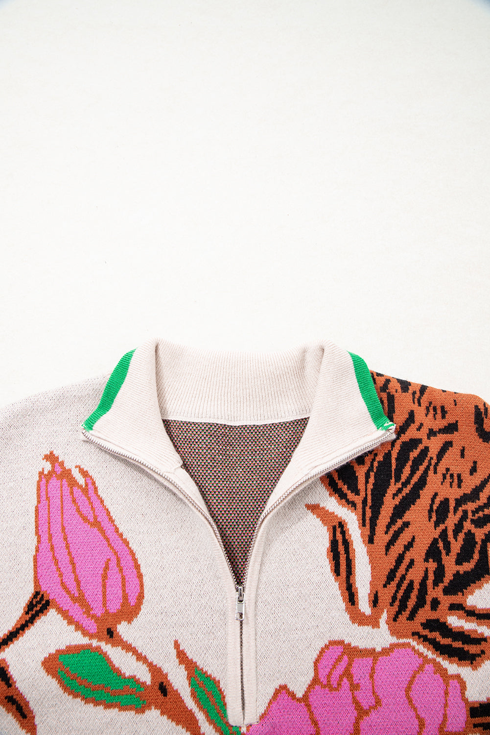 Khaki Floral Pattern Knit Quarter Zip Stand Neck Sweater-Sweaters & Cardigans/Sweaters-[Adult]-[Female]-2022 Online Blue Zone Planet