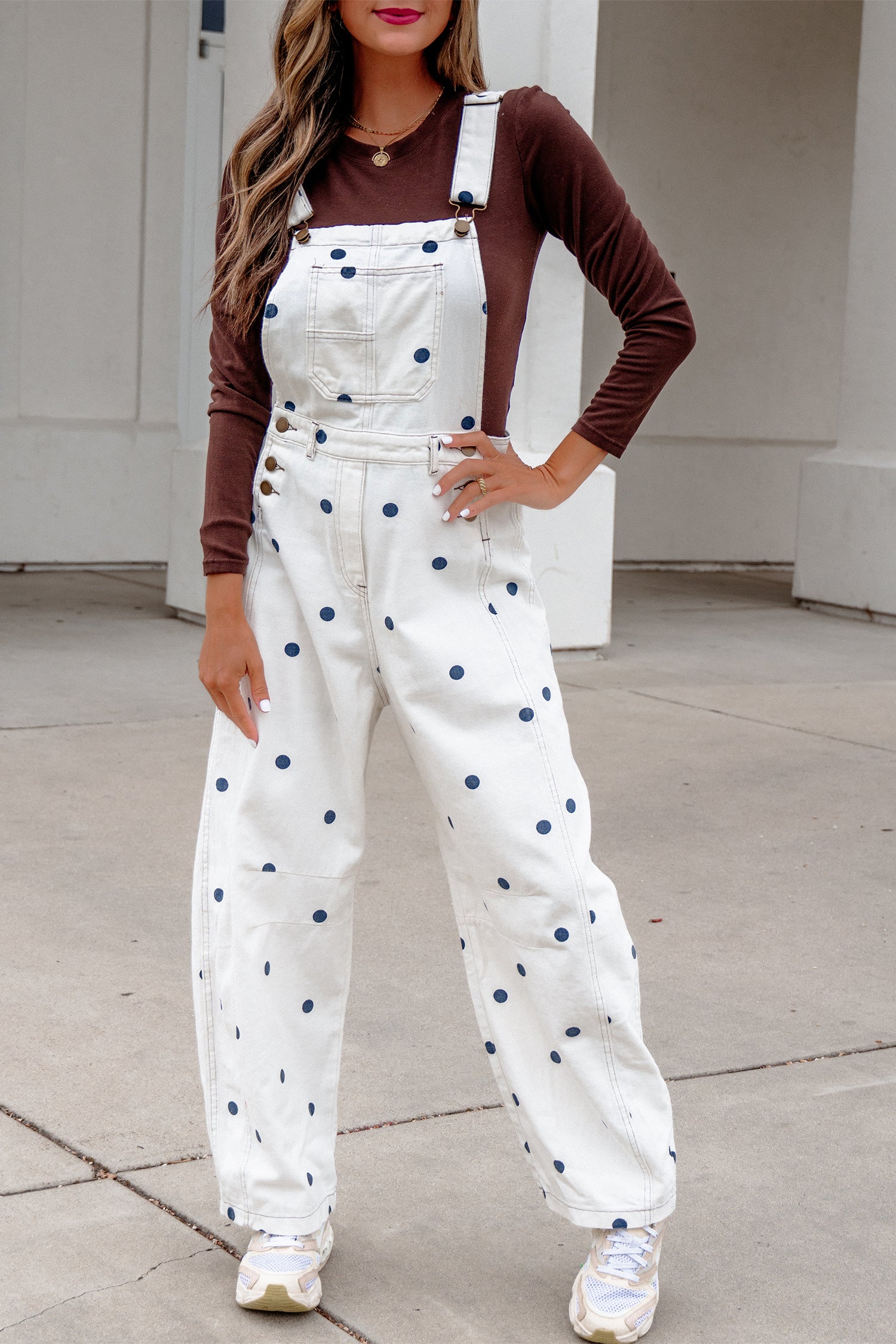 Jet Stream Polka Dot Print Bib Pocket Denim Barrel Overalls Jumpsuit-Bottoms/Jumpsuits & Rompers-[Adult]-[Female]-2022 Online Blue Zone Planet