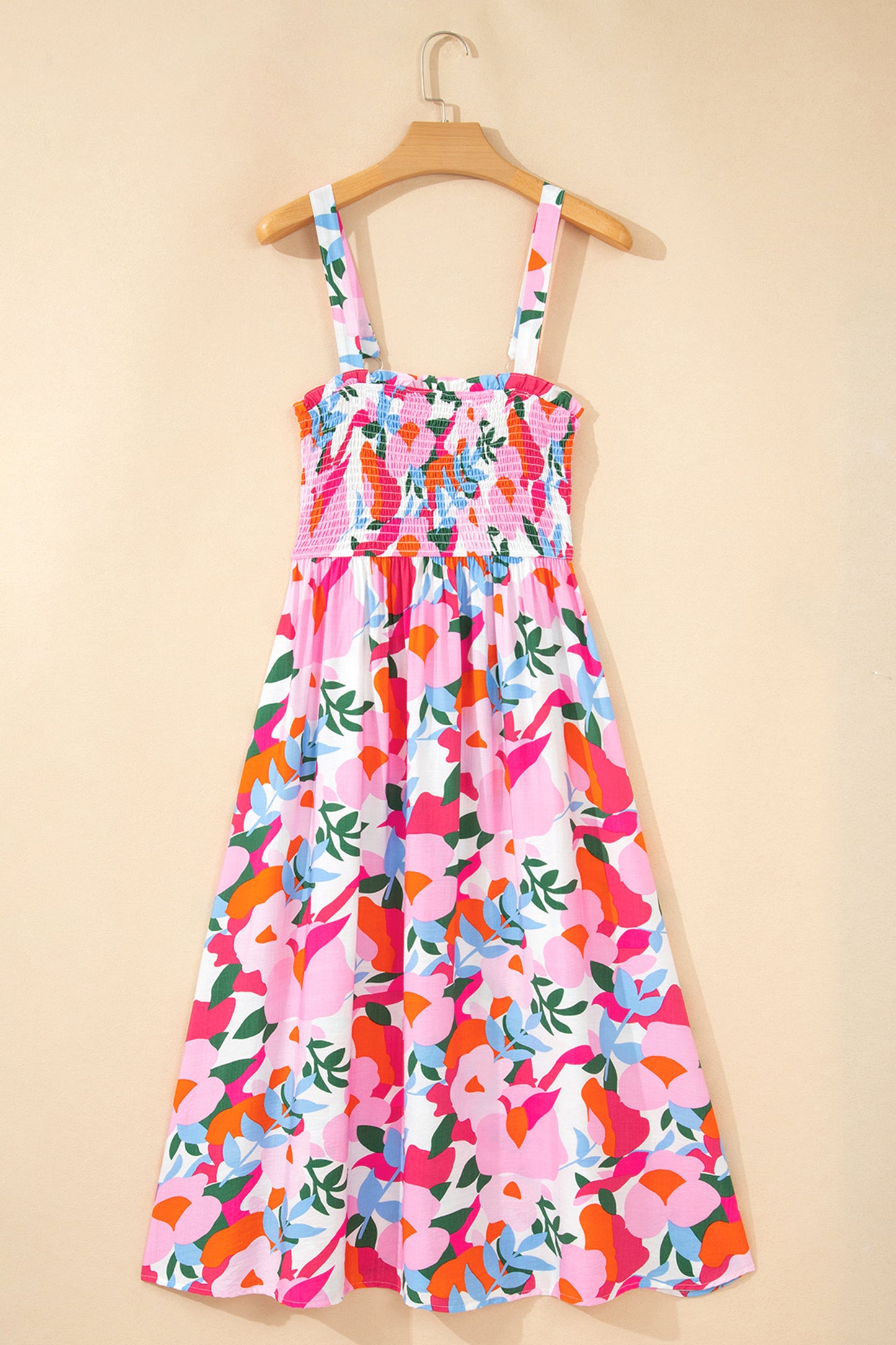 Pink Floral Print Adjustable Straps Smocked High Waist Sundress-TOPS / DRESSES-[Adult]-[Female]-2022 Online Blue Zone Planet