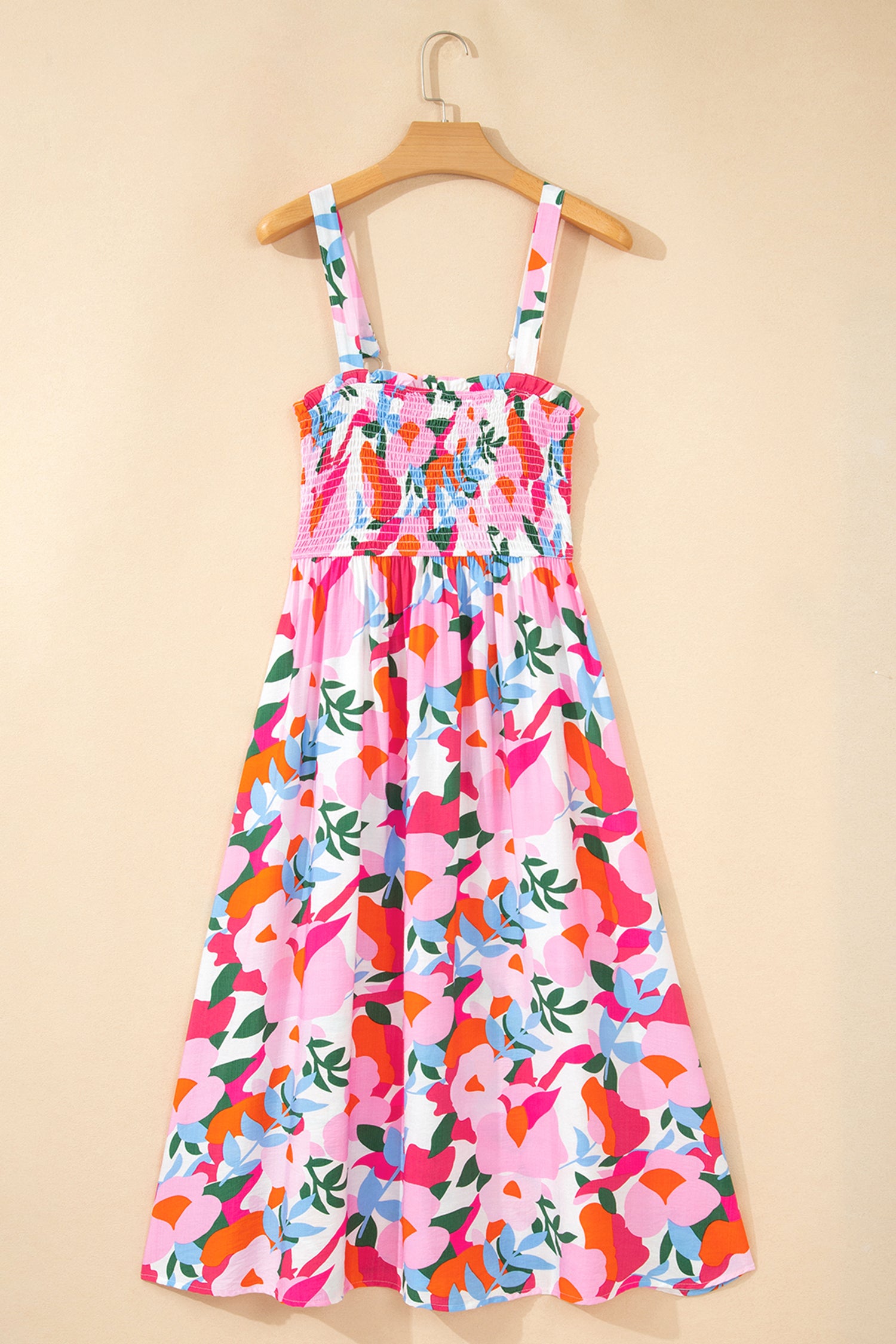 Pink Floral Print Adjustable Straps Smocked High Waist Sundress-TOPS / DRESSES-[Adult]-[Female]-2022 Online Blue Zone Planet