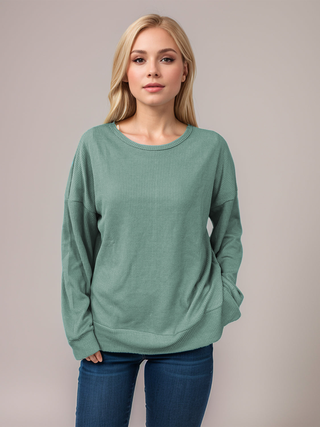 Blue Zone Planet | Side Slit Round Neck Long Sleeve T-Shirt-TOPS / DRESSES-[Adult]-[Female]-Gum Leaf-S-2022 Online Blue Zone Planet