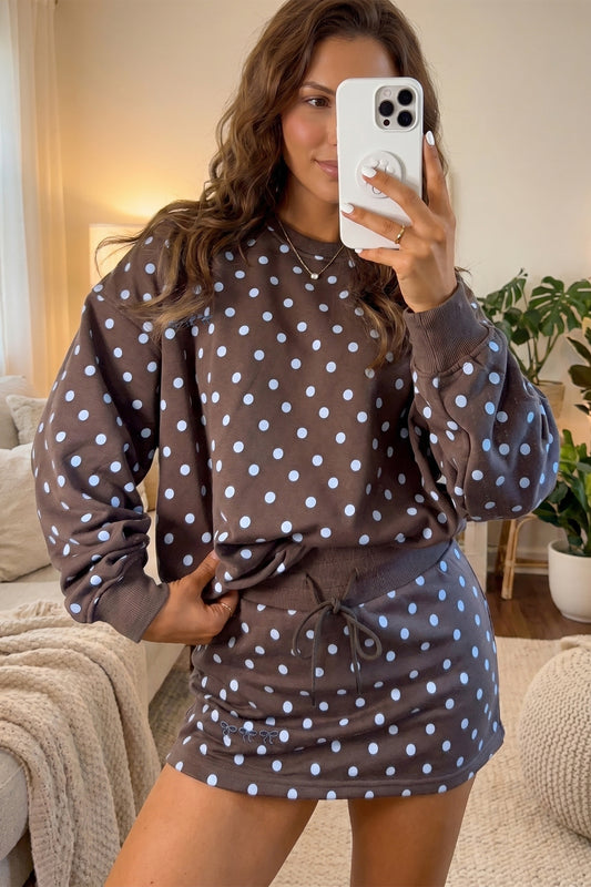 Brown Polka Dot Long Sleeve Pullover Embroidered Bow Detail 2pcs Skort Set-Two Piece Sets/Two Piece Dresses-[Adult]-[Female]-Brown-S-2022 Online Blue Zone Planet