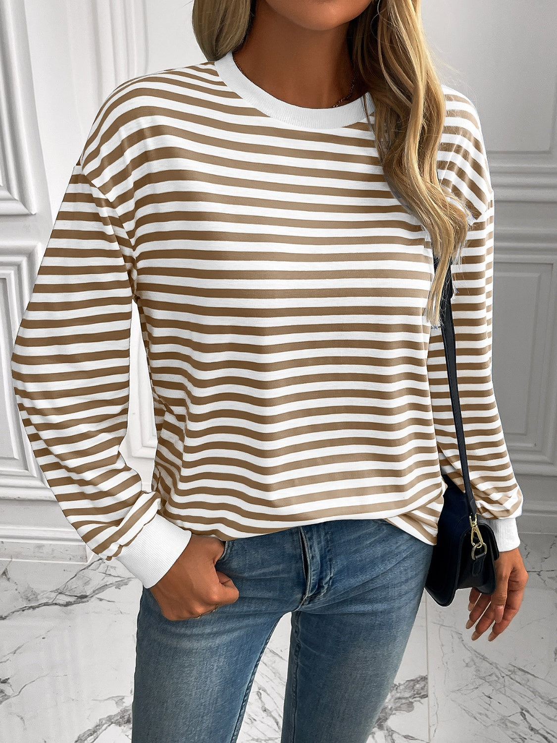 Ivy Lane Striped Round Neck Long Sleeve Sweatshirt-TOPS / DRESSES-[Adult]-[Female]-Mocha-S-2022 Online Blue Zone Planet