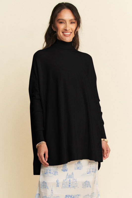 Davi & Dani High-Low Turtleneck Long Sleeve Knit Top-TOPS / DRESSES-[Adult]-[Female]-Black-S-2022 Online Blue Zone Planet