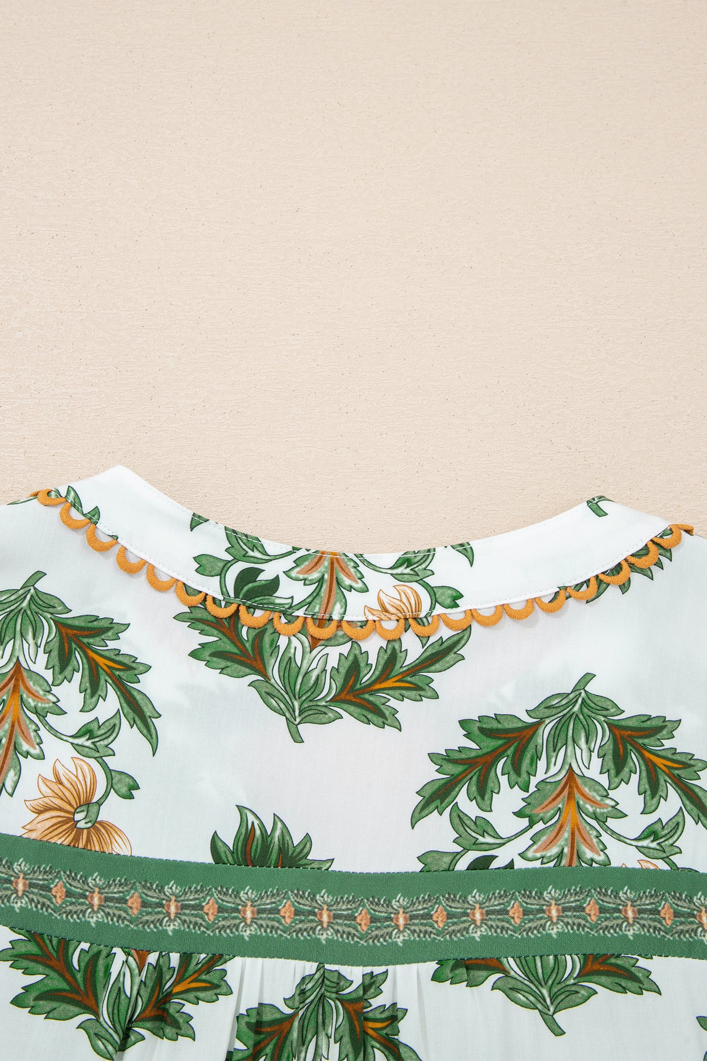 Green Plus Size Floral Printed Contrast Patchwork Detail Tassel Tie 3/4 Sleeve Blouse-Plus Size/Plus Size Tops/Plus Size Blouses & Shirts-[Adult]-[Female]-2022 Online Blue Zone Planet