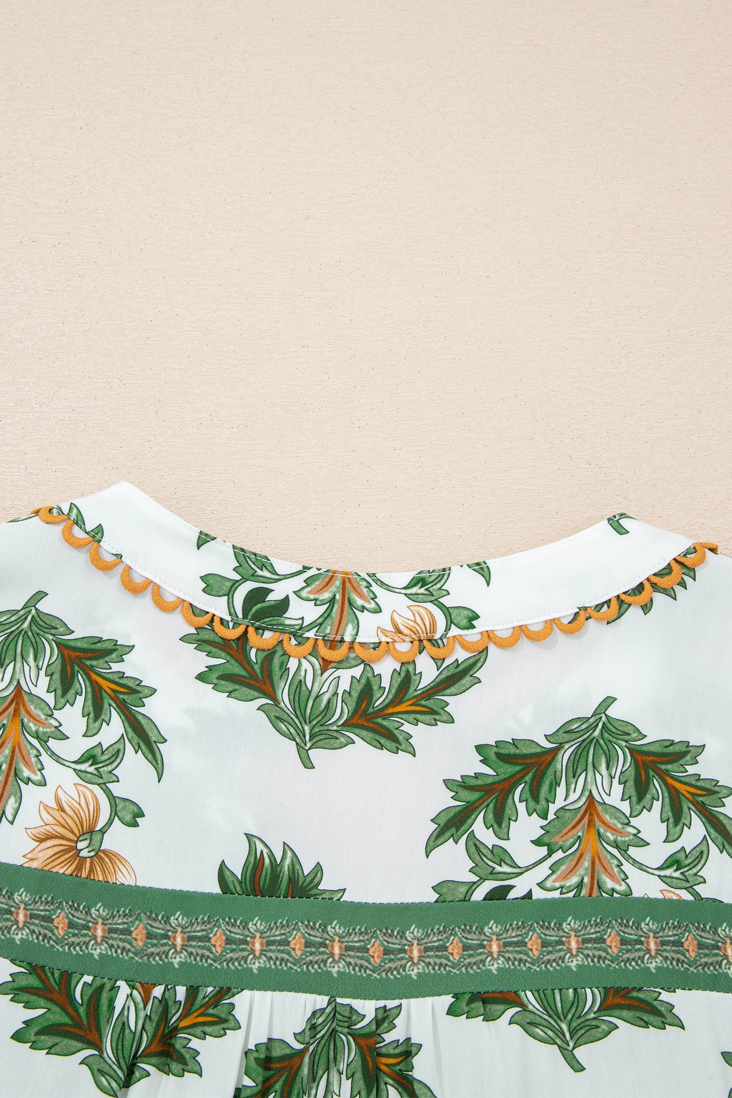 Green Plus Size Floral Printed Contrast Patchwork Detail Tassel Tie 3/4 Sleeve Blouse-Plus Size/Plus Size Tops/Plus Size Blouses & Shirts-[Adult]-[Female]-2022 Online Blue Zone Planet