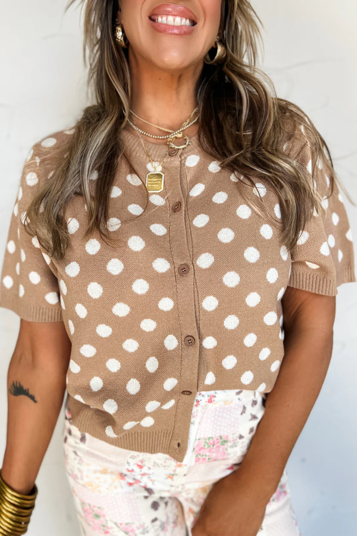 Dark Khaki Polka Dot Short Sleeve Button Down Sweater Cardigan-Sweaters & Cardigans/Cardigans-[Adult]-[Female]-2022 Online Blue Zone Planet