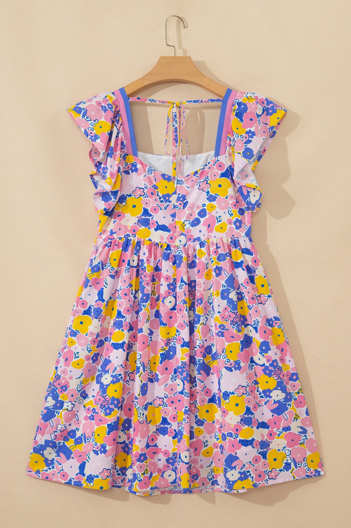 Multicolour Floral Print Flutter Sleeve Striped Trim Square Neck Loose Mini Dress-TOPS / DRESSES-[Adult]-[Female]-2022 Online Blue Zone Planet