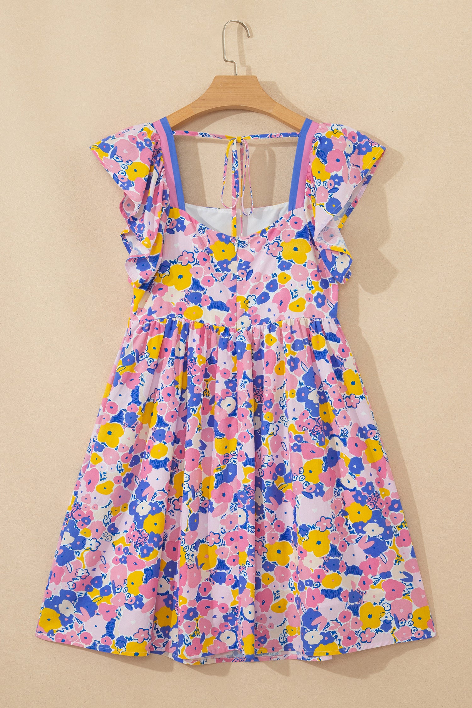 Multicolour Floral Print Flutter Sleeve Striped Trim Square Neck Loose Mini Dress-TOPS / DRESSES-[Adult]-[Female]-2022 Online Blue Zone Planet
