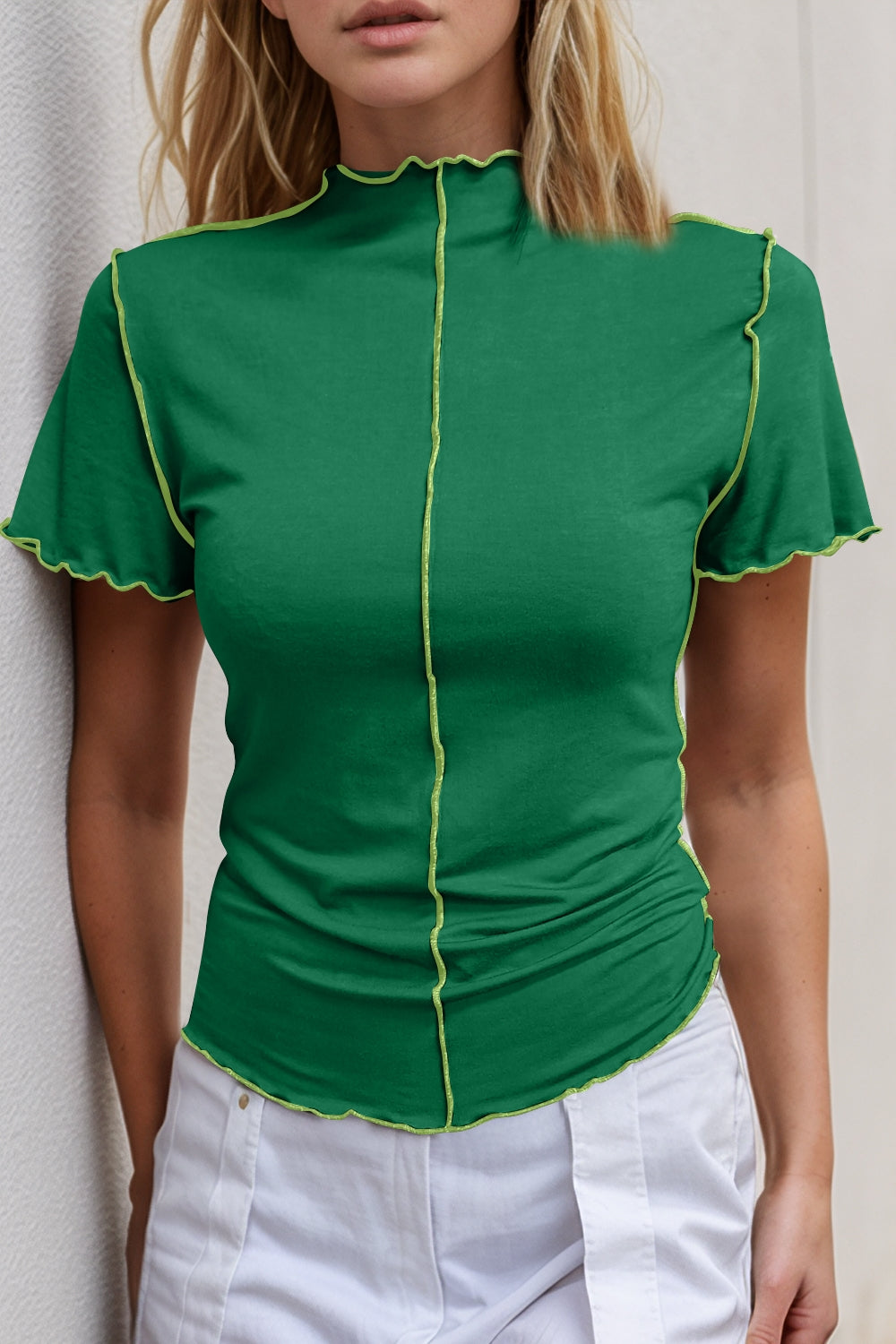 Basic Bae Contrast Trim Mock Neck Short Sleeve T-Shirt-TOPS / DRESSES-[Adult]-[Female]-Dark Green-S-2022 Online Blue Zone Planet