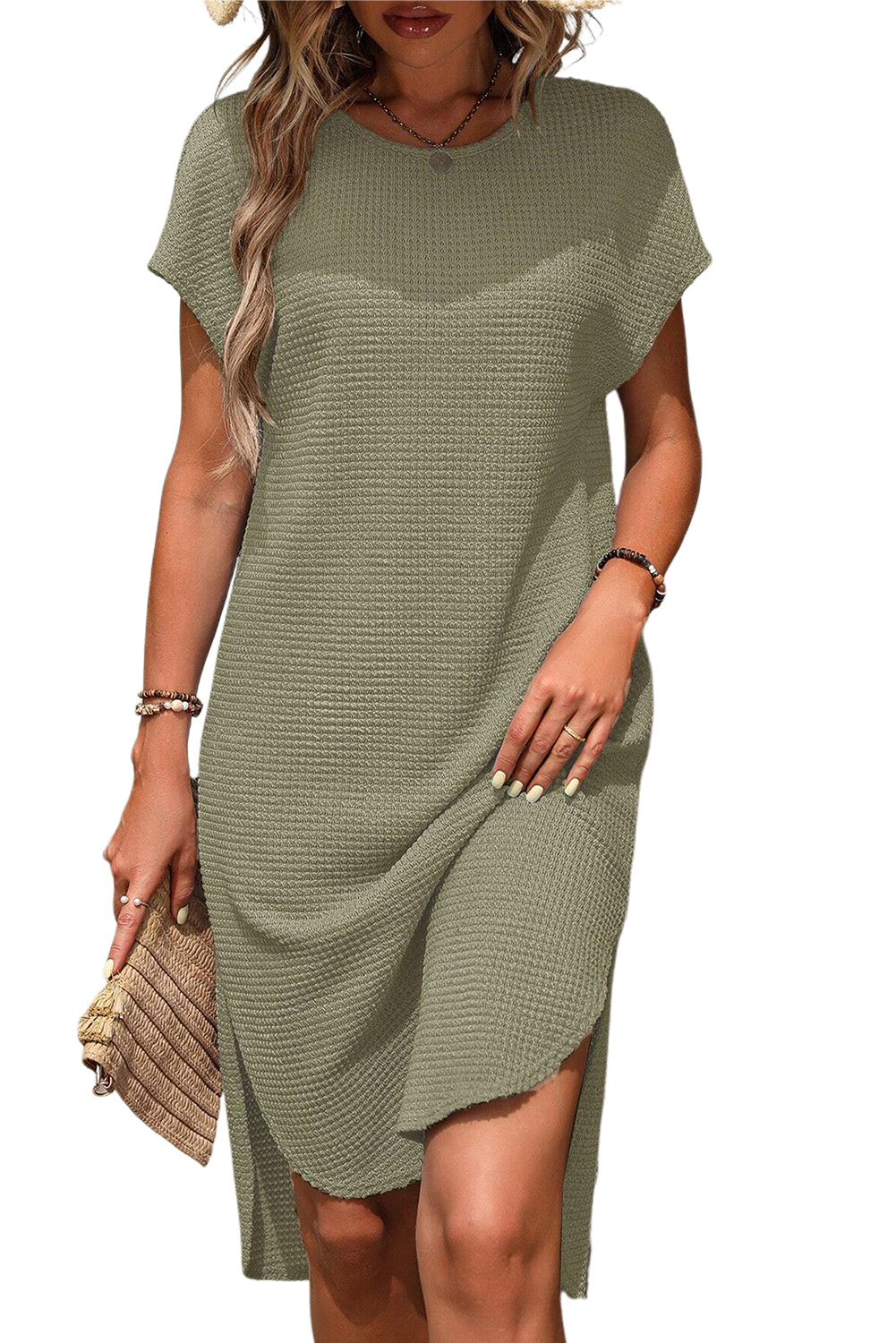 Jungle Green Waffle Texture Curved Hem Side Slit T-shirt Dress Blue Zone Planet