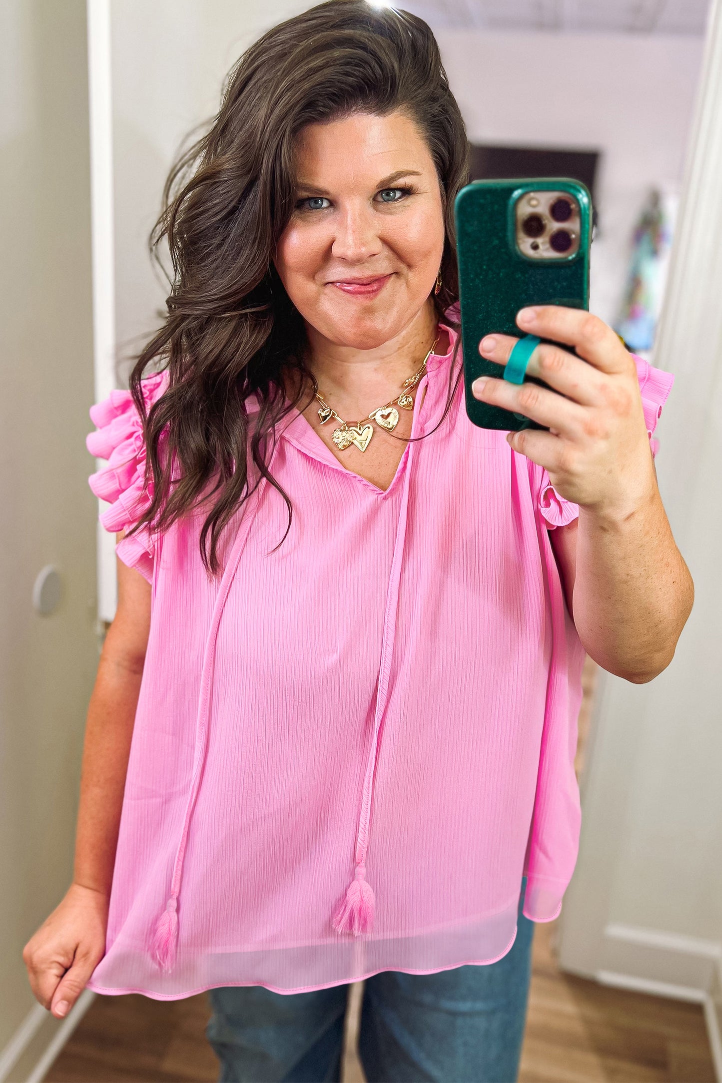 Bonbon Plus Size Textured Tassel Tie V Neck Ruffle Short Sleeve Blouse-Plus Size/Plus Size Tops/Plus Size Blouses & Shirts-[Adult]-[Female]-2022 Online Blue Zone Planet