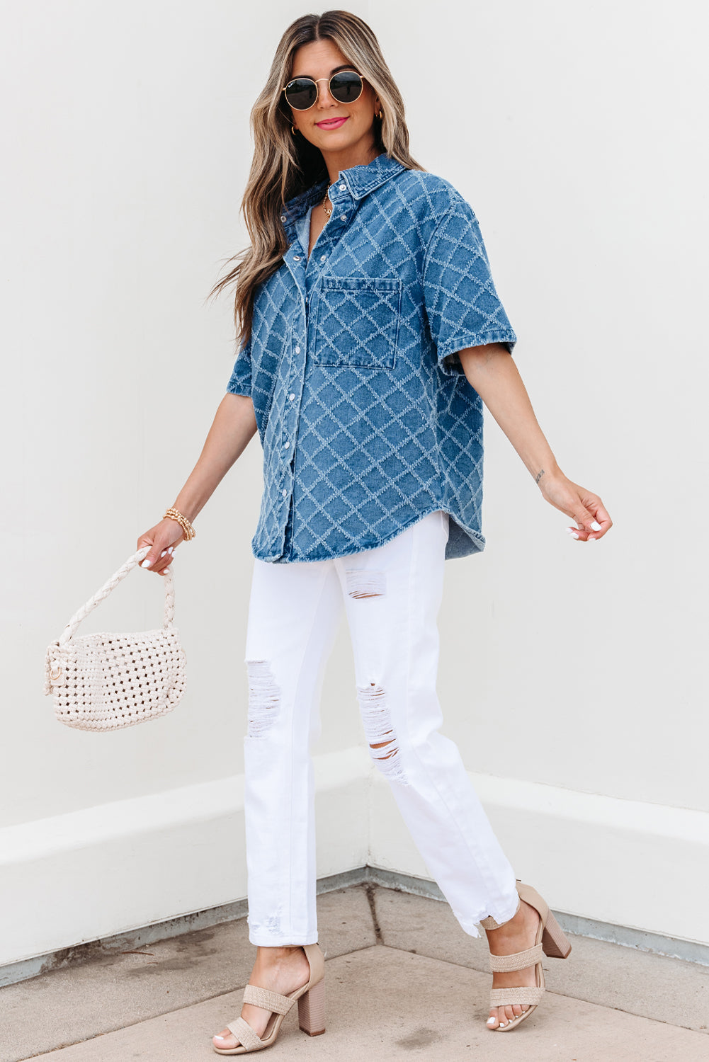 Dusk Blue Checkered Textured Short Sleeve Patched Pocket Denim Shirt-Tops/Blouses & Shirts-[Adult]-[Female]-2022 Online Blue Zone Planet