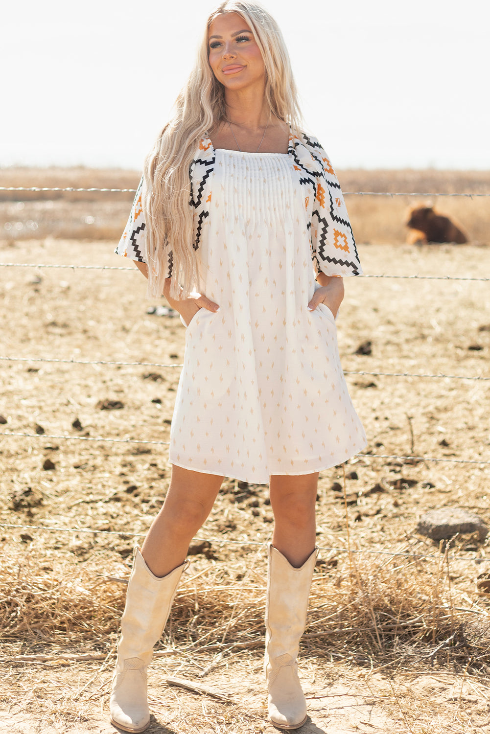 Blue Zone Planet | Beige Western Aztec Print Pleated Square Neck Loose Mini Dress-TOPS / DRESSES-[Adult]-[Female]-2022 Online Blue Zone Planet