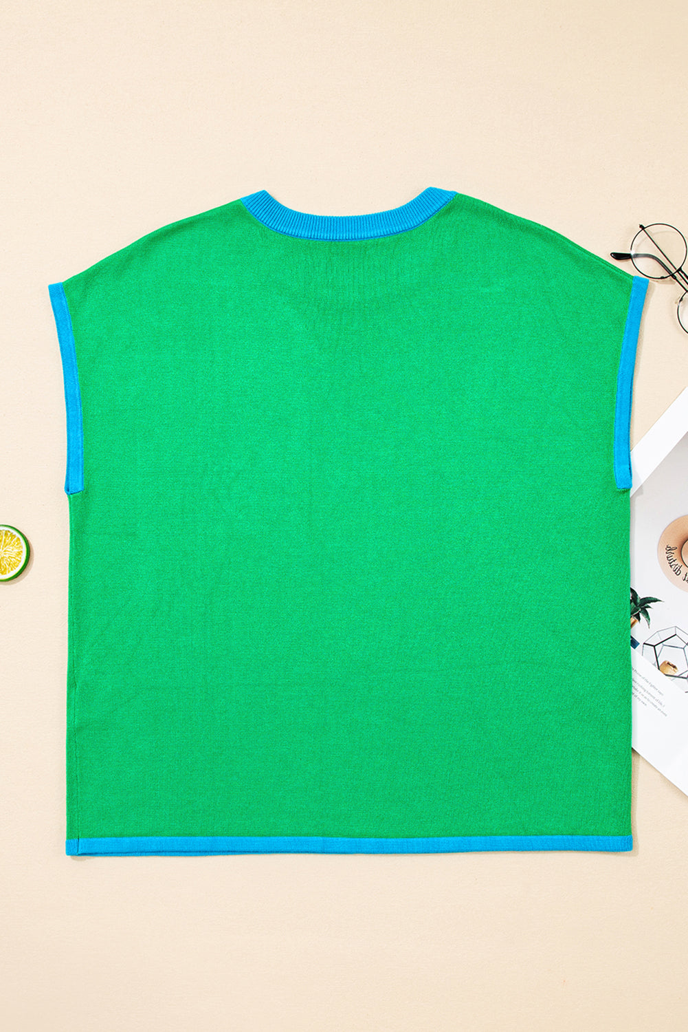 Green Contrast Trim Round Neck Short Sleeve Loose Knit Sweater-TOPS / DRESSES-[Adult]-[Female]-2022 Online Blue Zone Planet