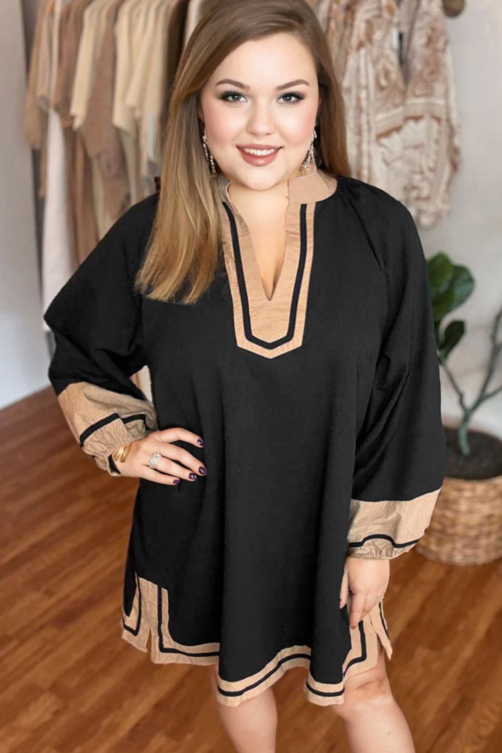 Black Plus Size Color Block Striped Trim V Neck Long Sleeve Shift Mini Dress-TOPS / DRESSES-[Adult]-[Female]-2022 Online Blue Zone Planet