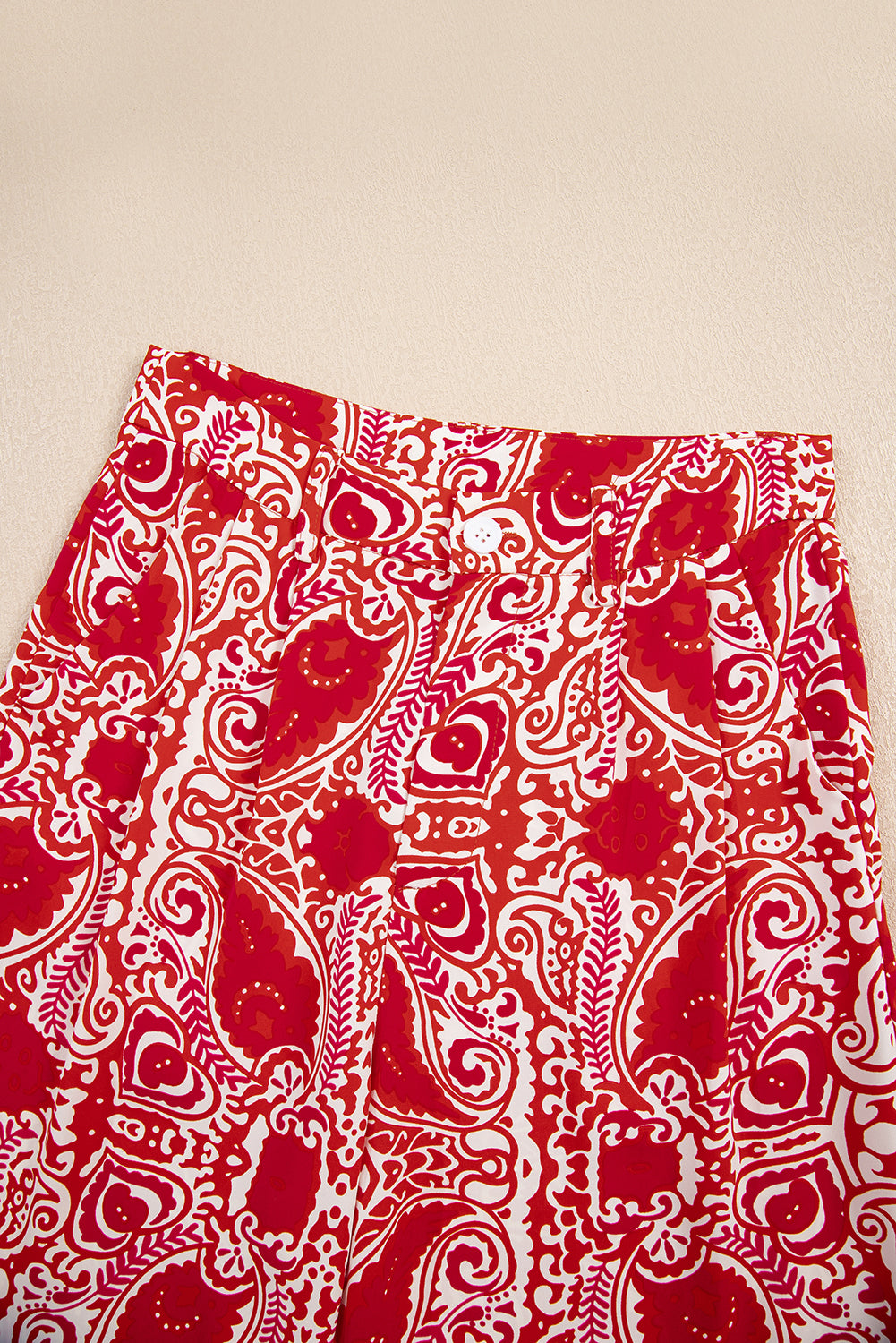 Blue Zone Planet | Red Paisley Printed Buttoned High Waist Straight Leg Pants-Bottoms/Pants & Culotte-[Adult]-[Female]-2022 Online Blue Zone Planet