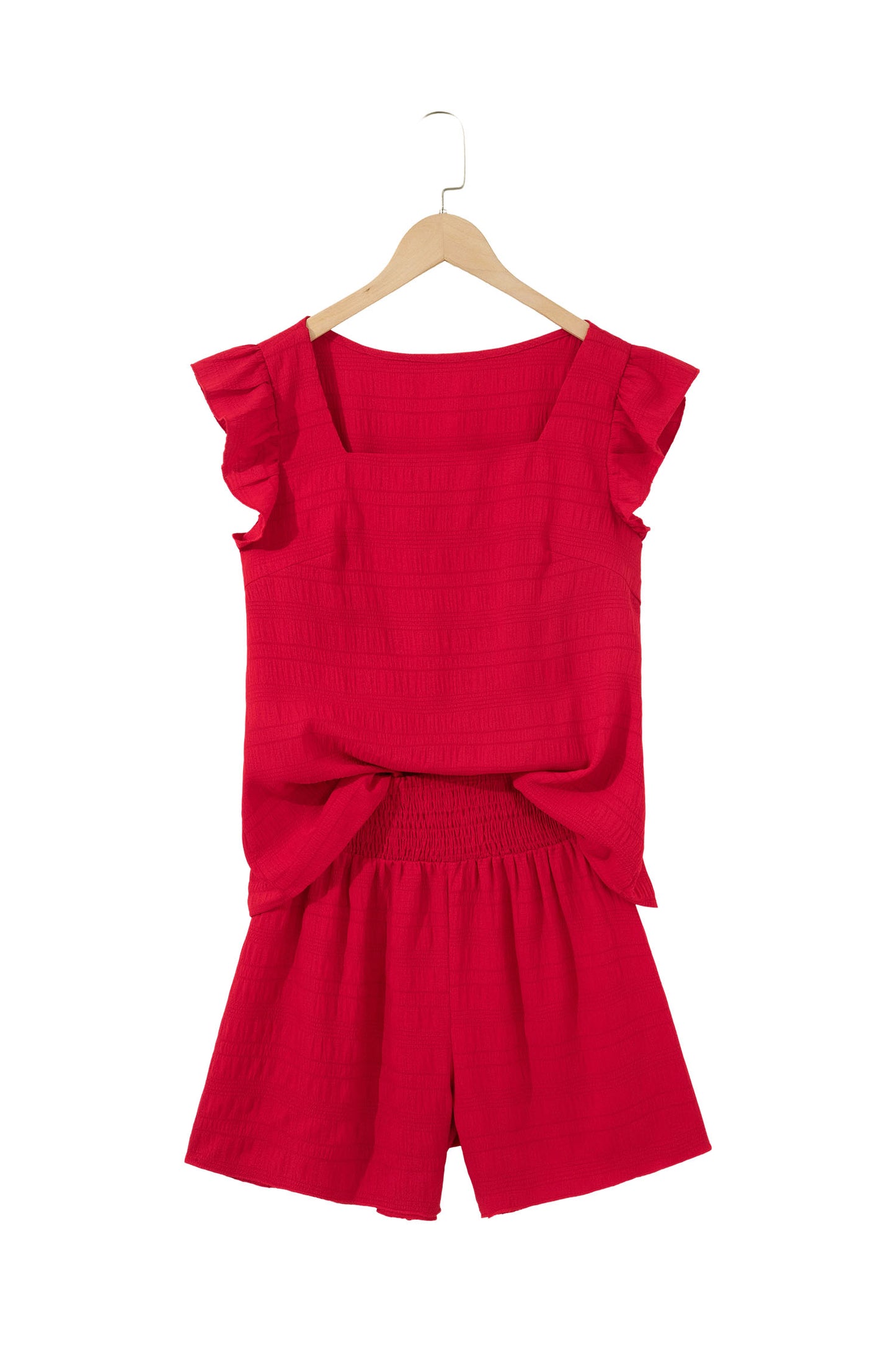 Peach Blossom Textured Square Neck Top And Shirred High Waist Shorts Set-Two Piece Sets/Short Sets-[Adult]-[Female]-2022 Online Blue Zone Planet