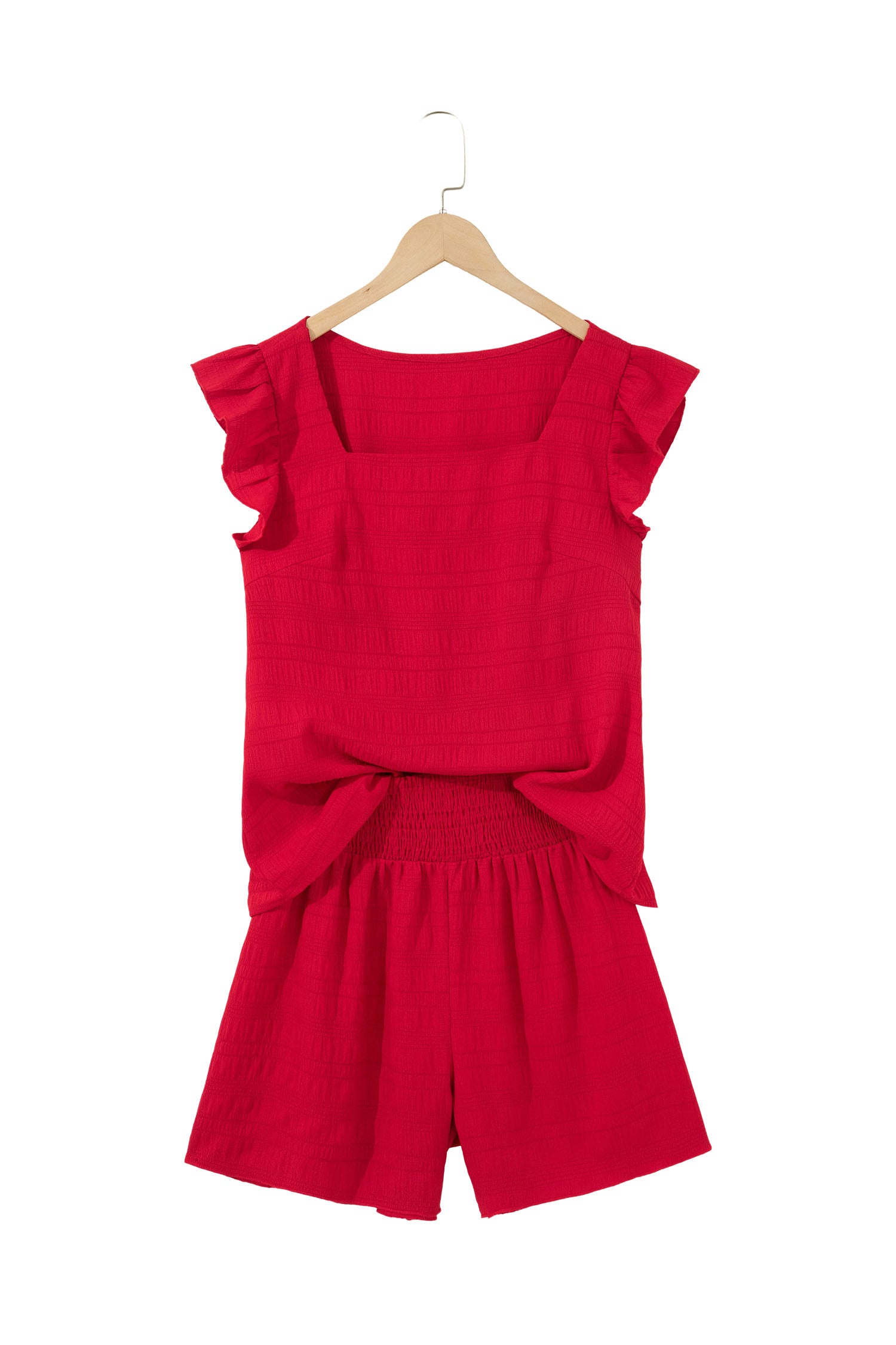 Peach Blossom Textured Square Neck Top And Shirred High Waist Shorts Set-Two Piece Sets/Short Sets-[Adult]-[Female]-2022 Online Blue Zone Planet