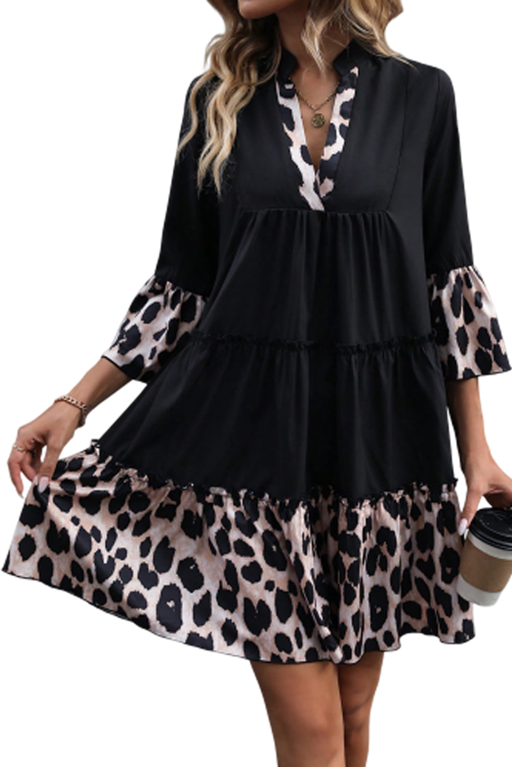 Blue Zone Planet | Black Leopard Trim V Neck Ruffled Sleeve Flared Dress-TOPS / DRESSES-[Adult]-[Female]-2022 Online Blue Zone Planet