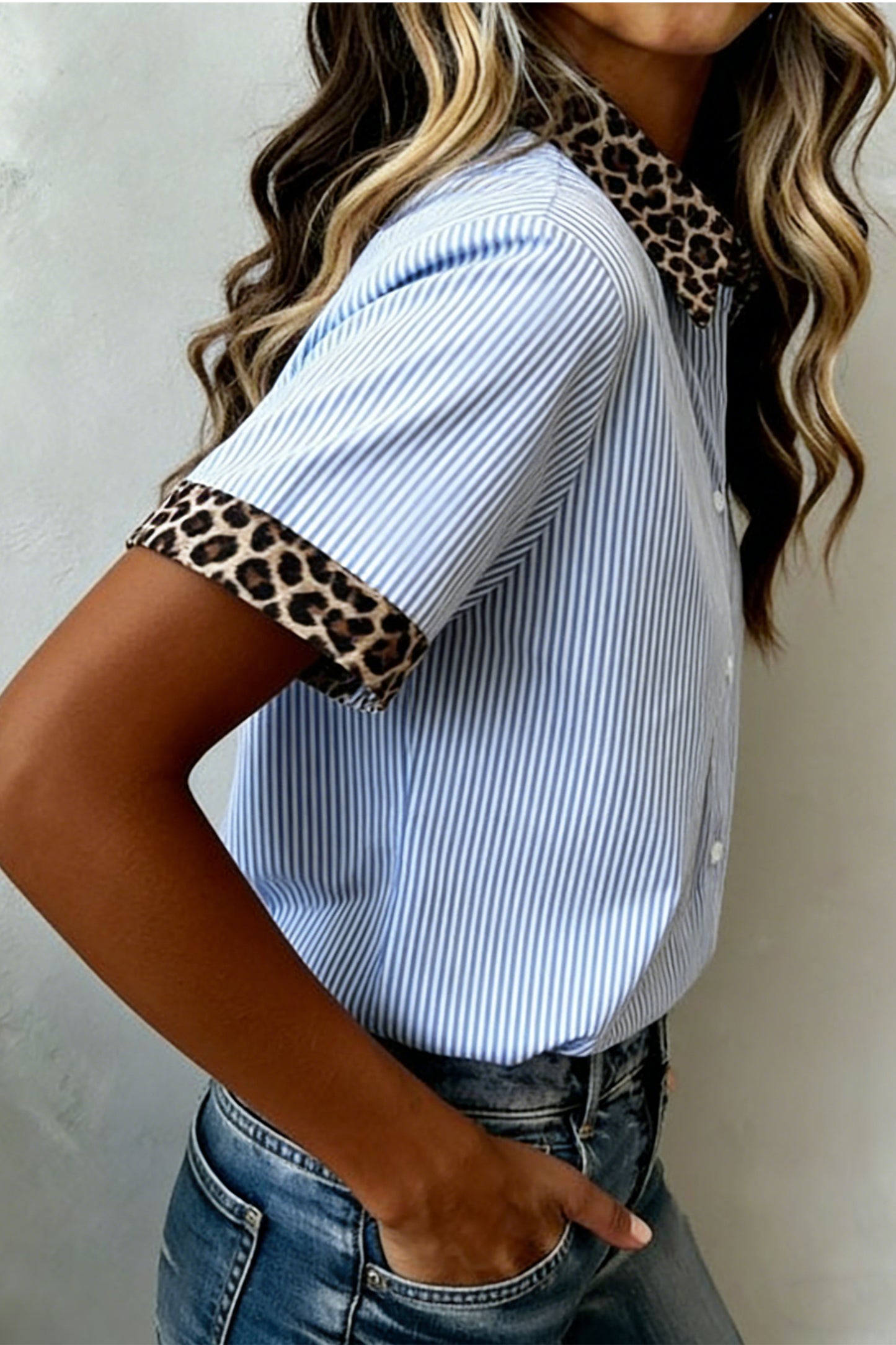 Sky Blue Stripe Leopard Contrast Collar Short Sleeve Shirt-Tops/Blouses & Shirts-[Adult]-[Female]-2022 Online Blue Zone Planet