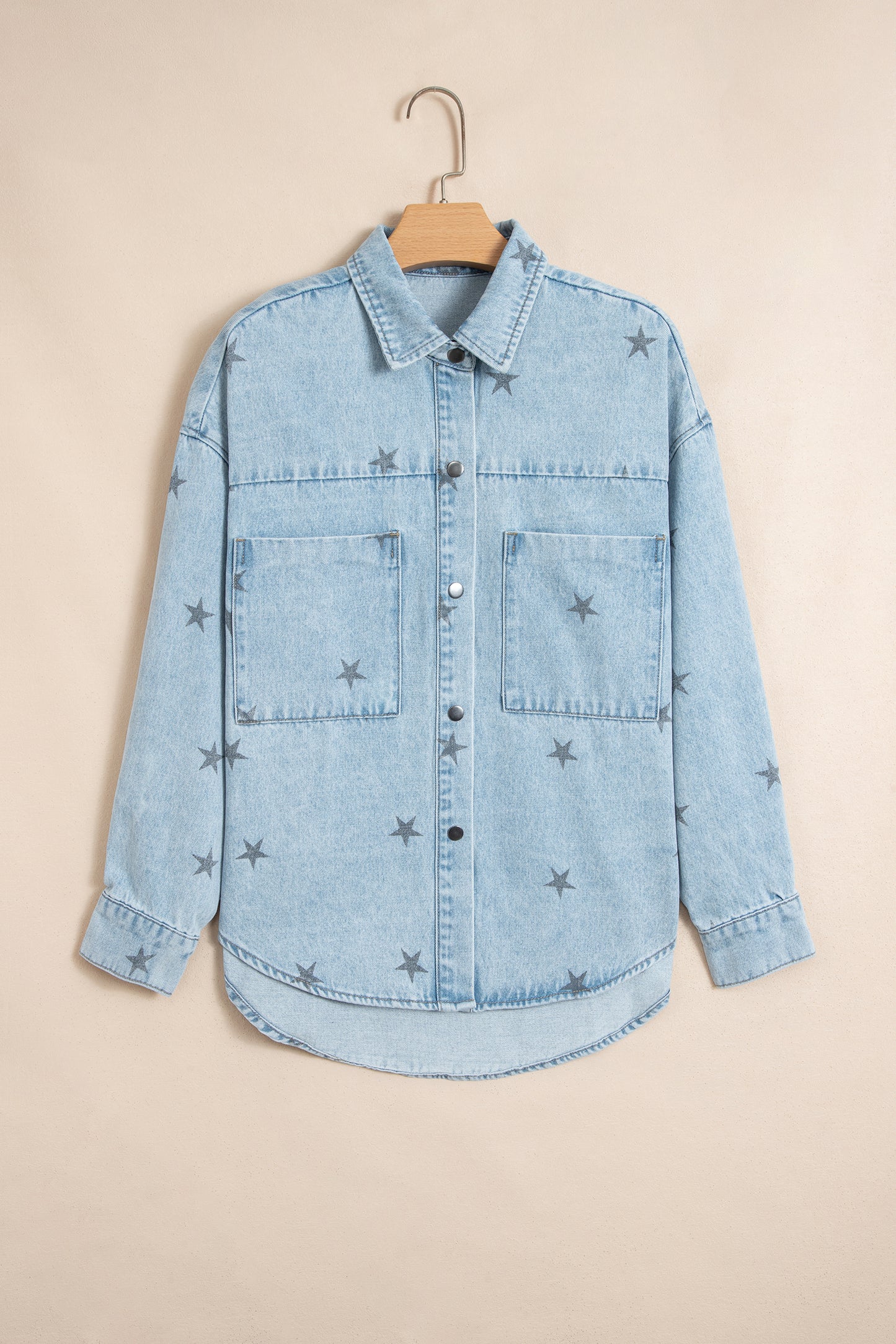 Sky Blue Stars Pattern Long Sleeve Shirt Collar Denim Jacket-Outerwear/Denim jackets-[Adult]-[Female]-2022 Online Blue Zone Planet