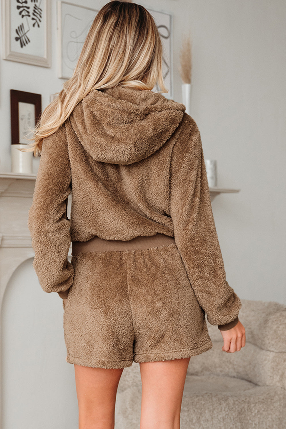 Parchment Zip Up Hoodie Drawstring Shorts Sherpa 2pcs Outfit-Tops / Dresses-[Adult]-[Female]-2022 Online Blue Zone Planet