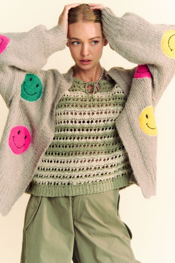 Davi & Dani Fuzzy Smile Open Front Long Sleeve Cardigan-TOPS / DRESSES-[Adult]-[Female]-Gray-S-2022 Online Blue Zone Planet