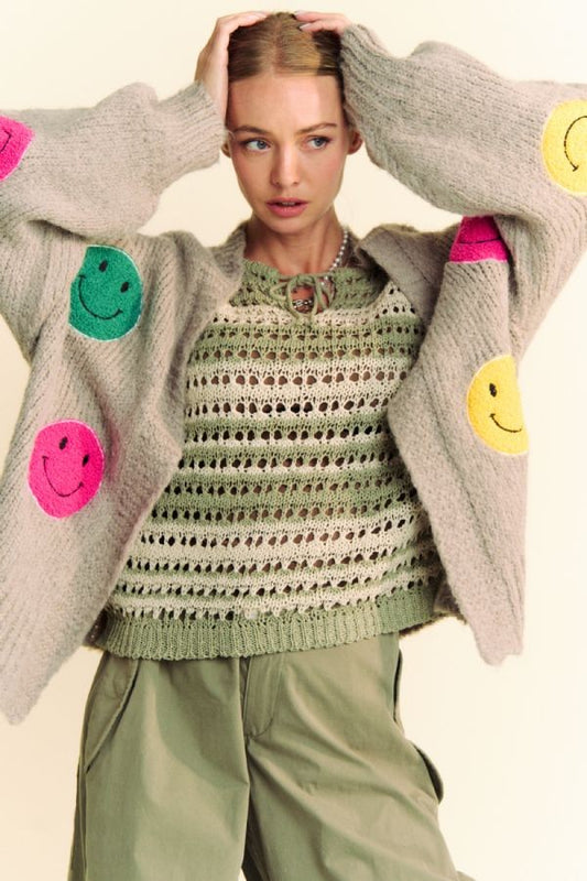 Davi & Dani Fuzzy Smile Open Front Long Sleeve Cardigan-TOPS / DRESSES-[Adult]-[Female]-Gray-S-2022 Online Blue Zone Planet