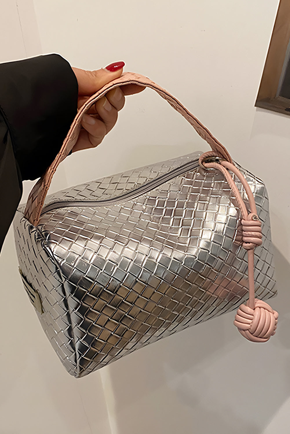 Silvery Lattice Texture Corded Ball Decor Weaven Handle Cosmetic Bag-Bags-[Adult]-[Female]-Silvery-ONE SIZE-2022 Online Blue Zone Planet