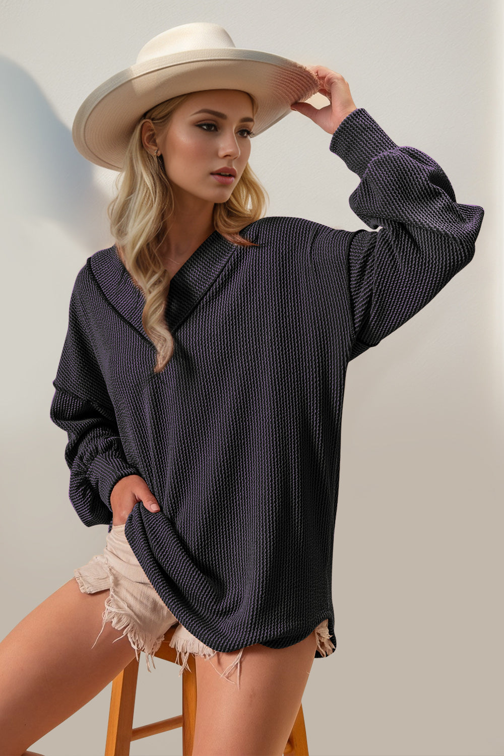 Double Take Exposed Seam Ribbed Textured V-Neck Long Sleeve T-Shirt-TOPS / DRESSES-[Adult]-[Female]-2022 Online Blue Zone Planet