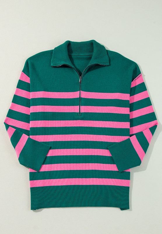 Blue Zone Planet | Contrast Striped Quarter Zip Long Sleeve Sweater-SWEATERS-[Adult]-[Female]-2022 Online Blue Zone Planet