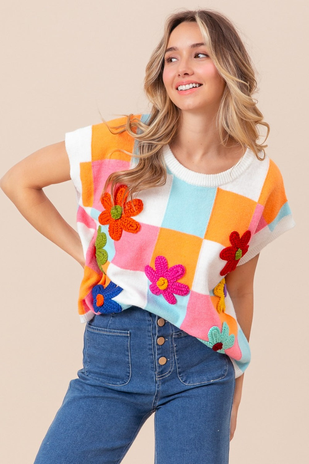 BiBi Flower Patch Checkered Sweater Vest-TOPS / DRESSES-[Adult]-[Female]-Orange/Lt Blue/Pink-S-2022 Online Blue Zone Planet